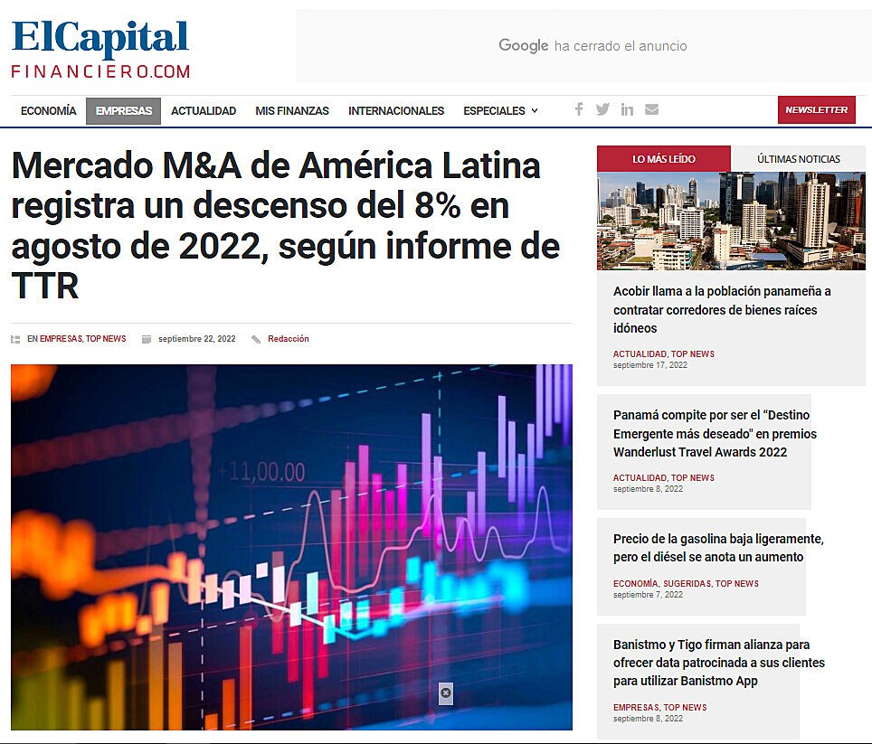 Mercado M&A de Amrica Latina registra un descenso del 8% en agosto de 2022, segn informe de TTR